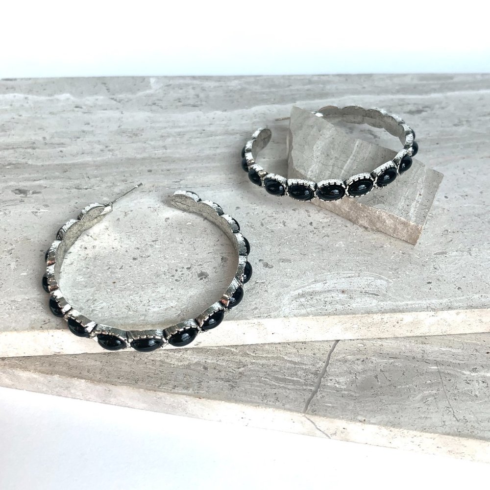 NEW ~ Free People Turquoise Stone "Buckaroo Hoops" Silver Earrings - Picture 15 of 16